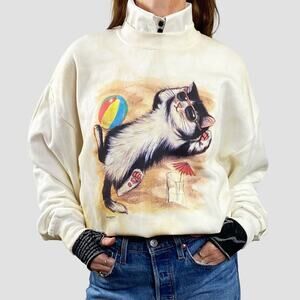 90s Cream Netural Kitten Cat Beach Graphic Grannycore Sweatshirt Sz Large